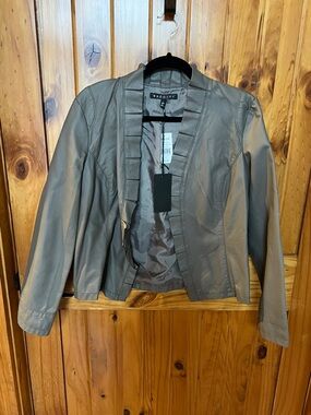 Baccini Taupe Ruffle-Trim Faux Leather Open Blazer